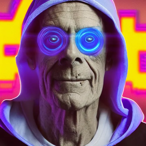 Image similar to skeletor christopher lloyd in hoodie, portrait, vaporwave, synthwave, neon, vector graphics, cinematic, volumetric lighting, f 8 aperture, cinematic eastman 5 3 8 4 film