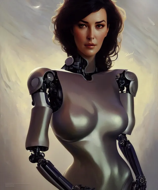 Prompt: a robot with a monica bellucci face, sci - fi face, elegant, highly detailed, digital painting, artstation, concept art, smooth, sharp focus, illustration, art by artgerm and greg rutkowski and alphonse mucha