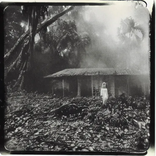 Prompt: an ancient evil-girl devouring the souls of the human kind on a mysterious Colombian jungle, mist, abandoned house, 1910 polaroid photography, grainy film, Black and white