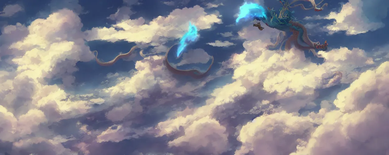 Prompt: a Chinese dragon high above the clouds by makoto shinkai, ethereal melancholy, trending on ArtStation, DeviantArt, Pixiv