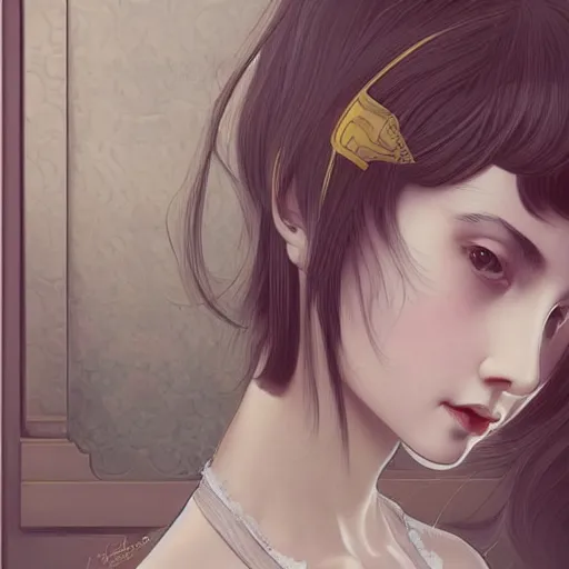 Prompt: beautiful classical ornamental emblem, youth teen miserable loner girl, focus close on detesting eyes, soft skin, seventies giallo film by ilya kuvshinov monet range murata artgerm katsuhiro otomo norman rockwell, highly detailed intricately sharp focus, bedroom eyes trending on pinterest vogue italia 3 5 mm, 4 k uhd image