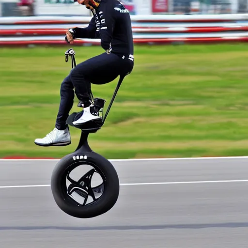 Prompt: Lewis Hamilton riding a unicycle, photo realistic