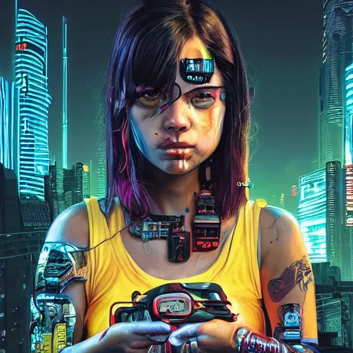 Image similar to a portrait of a neon cyberpunk young girl by sandra chevrier, detailed render, epic composition, cybernetics, 4 k realistic, cryengine, realistic shaded lighting, sharp focus, masterpiece, by matteo scalera, gary montalbano, peter elson in the style of the tokyo ghost comic