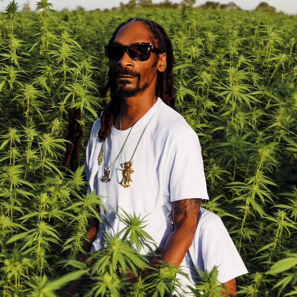 Prompt: a still of Snoop Dogg wearing sunglasses standing in a large field of Marijuana plants. Shallow depth of field. Magic hour, backlit, lens flare, smoke in the air.