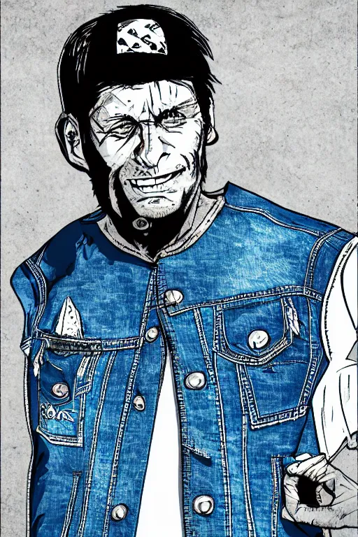 Image similar to portrait of a maniac wearing a denim vest named spike. exaggerated features. digital art. harsh lighting.