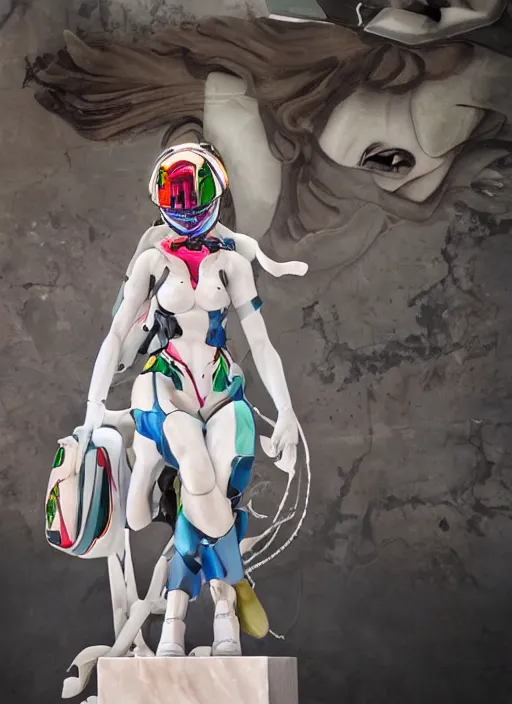 Prompt: extremely beautiful photo of a white marble statue of an anime girl with colorful motocross logos and motorcycle helmet with closed visor, colorful smoke in the background, carved marble statue, fine art, neon genesis evangelion, virgil abloh, offwhite, denoise, highly detailed, 8 k, hyperreal