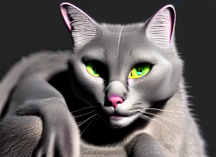 Image similar to hyperrealism, detailed textures, photorealistic 3 d render, a beautiful grey coloured cat with medium hair length, one million lave rivers, sharp focus, ultra realistic, ultra high pixel detail, cinematic, intricate, cinematic light, concept art, illustration, art station, unreal engine 8 k