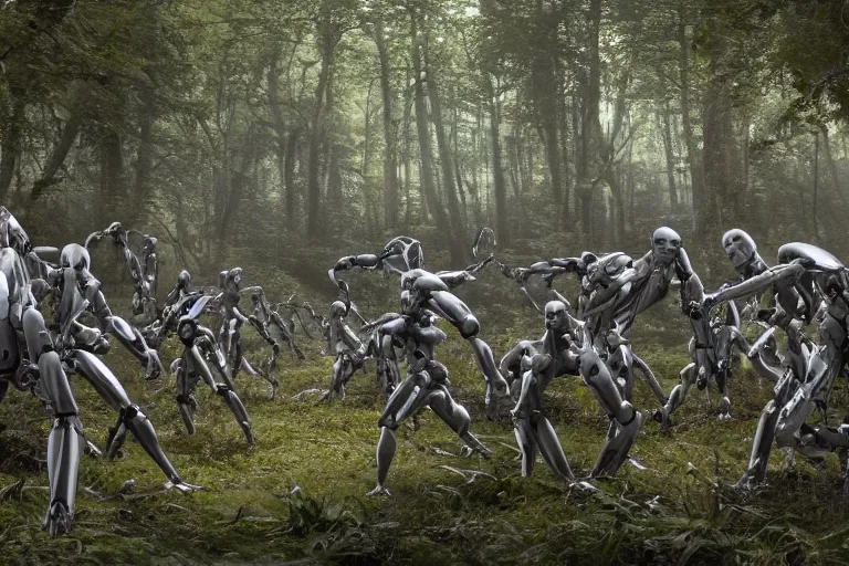 Image similar to 1 0 0 0 0 humanoid robots fighting in the forest, hyper realistic, ambient lighting, concept art, intricate, hyper detailed, smooth, dynamic volumetric lighting, octane, raytrace, cinematic, high quality, high resolution, 4 k, cgsociety, rutkowski, gurney, h. r. giger!!!