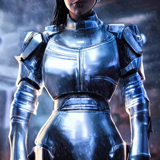 Prompt: An epic fantastic ultrarealism comic book style portrait painting of a female cyberpunk armor fighter, black and blue silver color armor, cyberpunk feel raining at tokyo rooftop, Concept world Art, unreal 5, DAZ, 8k, hyperrealistic, octane render, cosplay, RPG portrait, dramatic lighting, rim lights