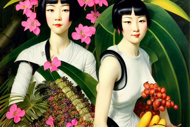 Image similar to a portrait of double eyelids asian female with short black hair dressed with a robot knight plastic white armor dress from evangelion, sit in a throne surrounded by garlands of tropical fruits and flowers, masterpiece painted by jc leyendecker