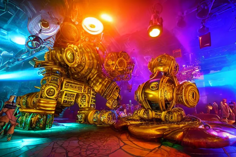 Image similar to scene is fiesta espuma in amnesia ibiza, portrait photo of a giant huge golden and blue metal steampunk robot, with gears and tubes, eyes are glowing red lightbulbs, shiny crisp finish, 3 d render, 8 k, insaneley detailed, fluorescent colors, haluzinogetic, background is multicolored lasershow