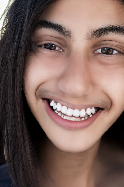 Image similar to close up headshot of an androgynous Hispanic teen boy with medium length slightly wavy black hair a wide smile brown eyes a small nose tidy plucked eyebrows dark brown eyes and a diamond shaped face, high resolution film still, 8k, HDR color