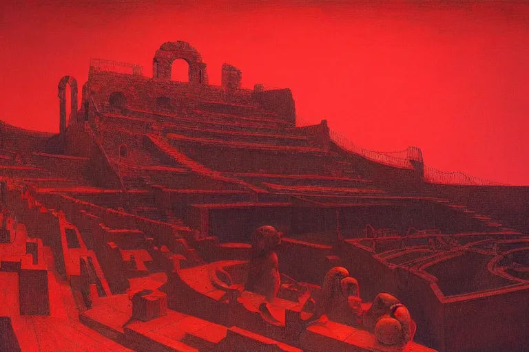 Image similar to only with red, a red melted emperor, taormina amphitheatre, crowd hails him, in the style of beksinski, parts by edward hopper, parts by rodcenko, parts by yue minjun, intricate and epic composition, red by caravaggio, insanely quality, highly detailed, masterpiece, red light, artstation, 4 k