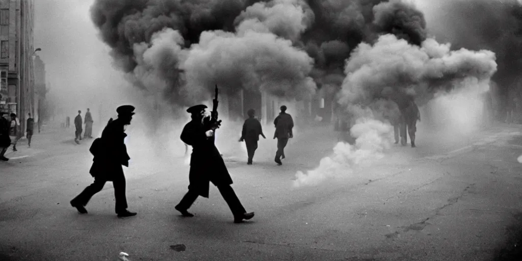 Image similar to street photo, war, revolution, smoke on the street, a lot of people, film photography, exposed b & w photography, christopher morris photography, bruce davidson photography, peter marlow photography