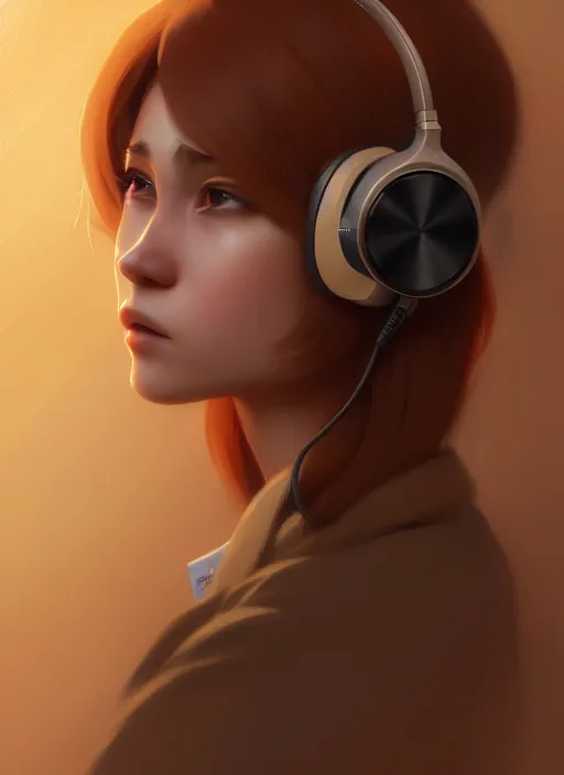 Prompt: ultradetailed beautiful panting of a stylish young lady wearing a brown foxgirl suit with headphones, dramatic, he has blond hair, distressed, volumetric light, by greg rutkowski, ilya kuvshinov, james jean, makoto shinkai, on artstation