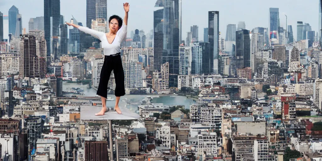 Prompt: woman doing kung fu on the top of a billboard on a city full of skyscrapers, huge modern city