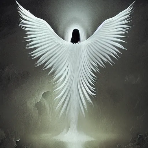 Prompt: a white angel with feathered wings open, digital art in the style of zdzislaw beksinski 4 k w 7 6 8