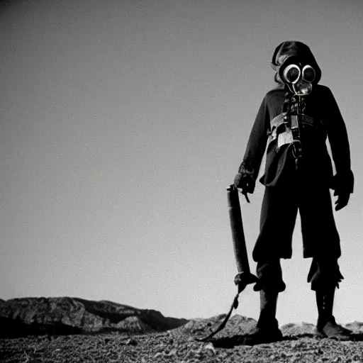 Image similar to a pirate wearing a gasmask, in the desert, film still, arriflex 3 5