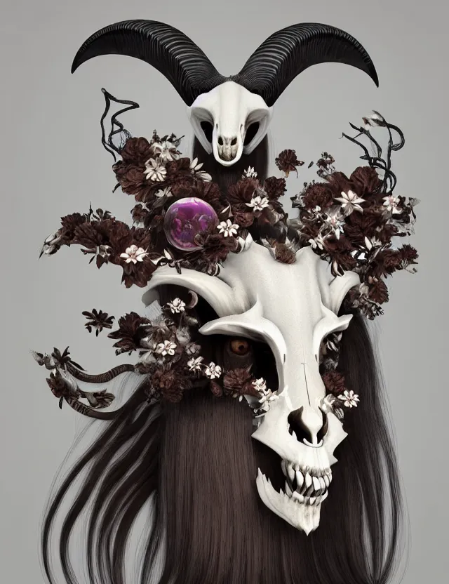 Image similar to 3 d goddess goat skull half - turn portrait with long hair with ram skull. beautiful intricately detailed japanese crow kitsune mask and clasical japanese kimono. betta fish, jellyfish phoenix, bio luminescent, plasma, ice, water, wind, creature, artwork by tooth wu and wlop and beeple and greg rutkowski