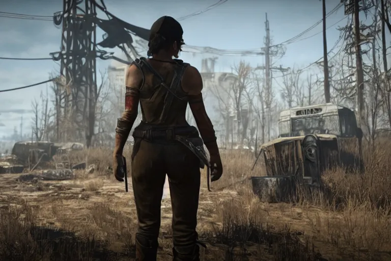 Image similar to crystal reed as a raider in fallout 4, in game screenshot