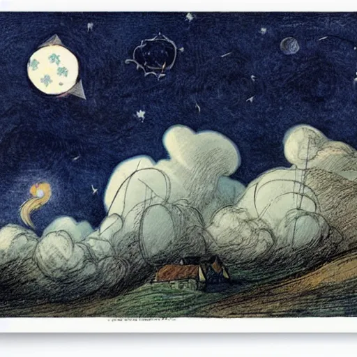 Prompt: night sky, stars, personified smiling moon prominently in the center, surrounded by clouds, landscape, illustrated by peggy fortnum and beatrix potter and sir john tenniel