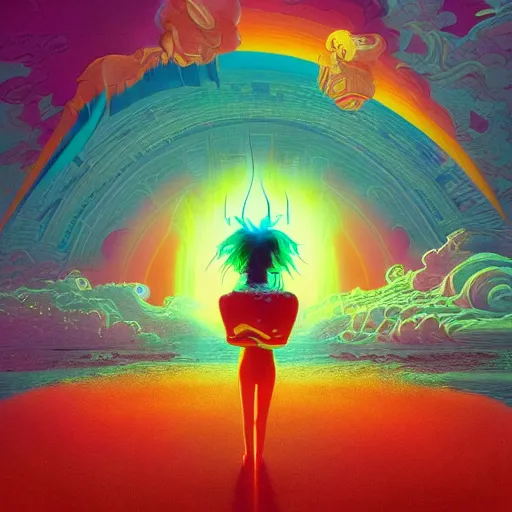 Image similar to colourful breathtakingly weird beautiful powerful magical wonderfully majestic beautifully cool character by michael whelan and moebius and beeple and kilian eng and dan mcpharlin and pascal blanche and jamie hewlett and richard dadd, symmetrical, magical stormy reflections, smoke on water, 8 k artstation