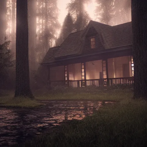 Prompt: horror, house, forest, rain, dark, octane render, artstation, unreal engine 5 highly detailed, epic composition,