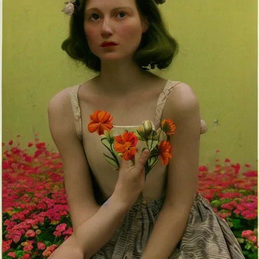 Image similar to a lot of flowers morphing in a beautiful girls face, film still by wes anderson, depicted by balthus, limited color palette, very intricate, art nouveau, highly detailed, lights by hopper, soft pastel colors, minimalist