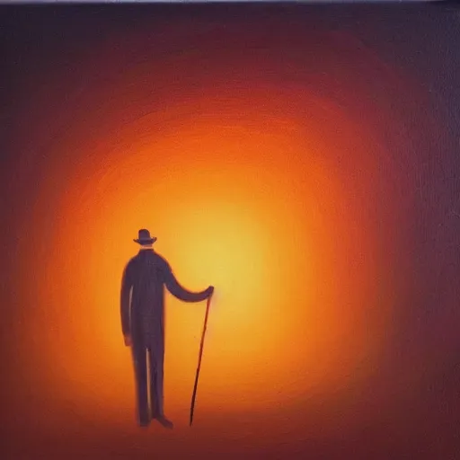 Prompt: an elegant minimalist oil on painting of a lonely man wandering in the burning desert, glittering, low dof, sparks