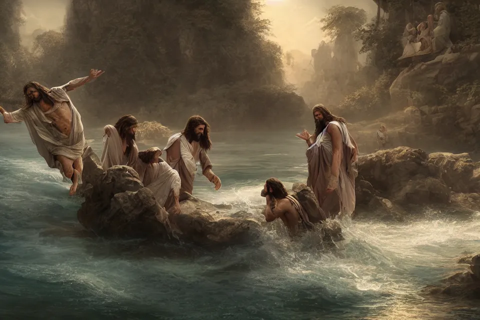 Prompt: An epic matte painting of Jesus saving me in the Water, beautiful, stunning, gorgeous, 4k resolution, professional digital art, by wlop and George Rutkowski, f16, intricate