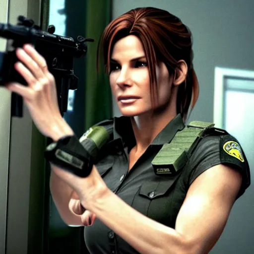 Image similar to Sandra bullock as Claire redfield in resident evil 2, police station, tactical gear