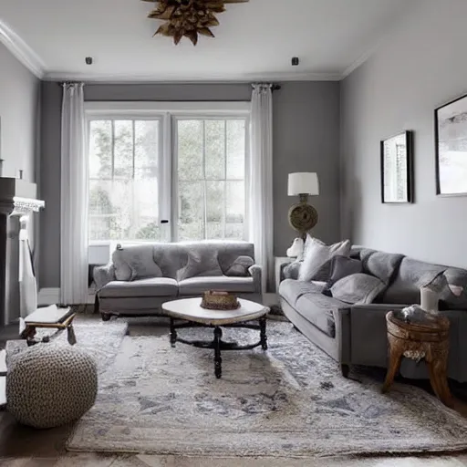 Image similar to cozy living room, grey walls, white ceiling, fireplace, medallion area rug, left hand sofa & chaise