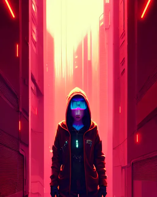 Image similar to cyberpunk synth, hyper - realistic portrait of a girl in a hoodie, red long wavey hair, cinematic, by atey ghailan, by greg rutkowski, by greg tocchini, by james gilleard, by joe fenton, by kaethe butcher, 8 k, very intricate, dynamic lighting, lighting color scheme, sharp focus, grunge aesthetic