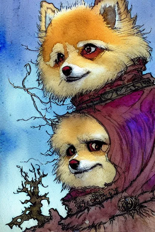 Image similar to a simple and atmospheric watercolour fantasy character concept art portrait of a robotic pomeranian as a druidic warrior wizard looking at the camera with an intelligent gaze, very muted colors, by rebecca guay, michael kaluta, charles vess and jean moebius giraud