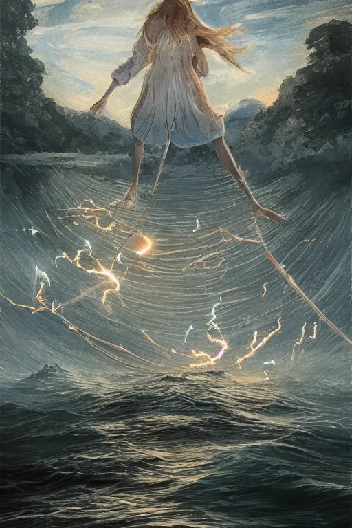 Image similar to eight sprouting wands sailing through the air at high speed.. the sky is clear and the beautiful river is flowing freely, beautiful landscape, 8 wands flying through the air, beautiful artwork by steve skroce and william blake, featured on artstation, cgsociety, behance, dramatic lighting, detailed