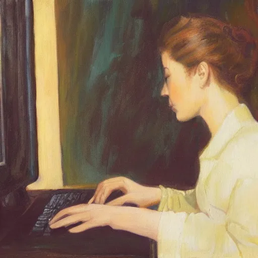 Prompt: painting of a woman gazing contemplatively at a computer