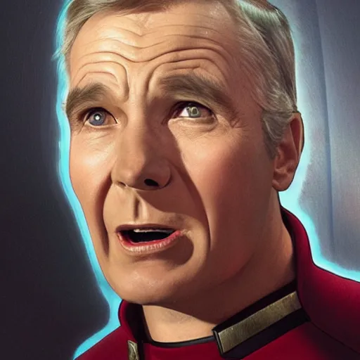 Image similar to photograph of captain j. kirk from star trek screaming in terror. sharp photograph, sharp focus, highly detailed,, detailed face!!, ultra realism, dramatic lighting, zeiss lens, canon eos, detailed skin, dynamic pose, 8 k resolution, hyperrealism, portrait photography, art by artgerm and greg rutkowski and alphonse mucha