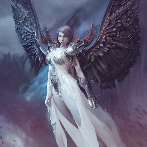 Prompt: Gothic girl angel with Warhammer 40000 armor, dark fantasy, intricate, elegant, highly detailed, digital painting, artstation, concept art, character design, smooth, sharp focus, illustration, art by artgerm and greg rutkowski and alphonse mucha