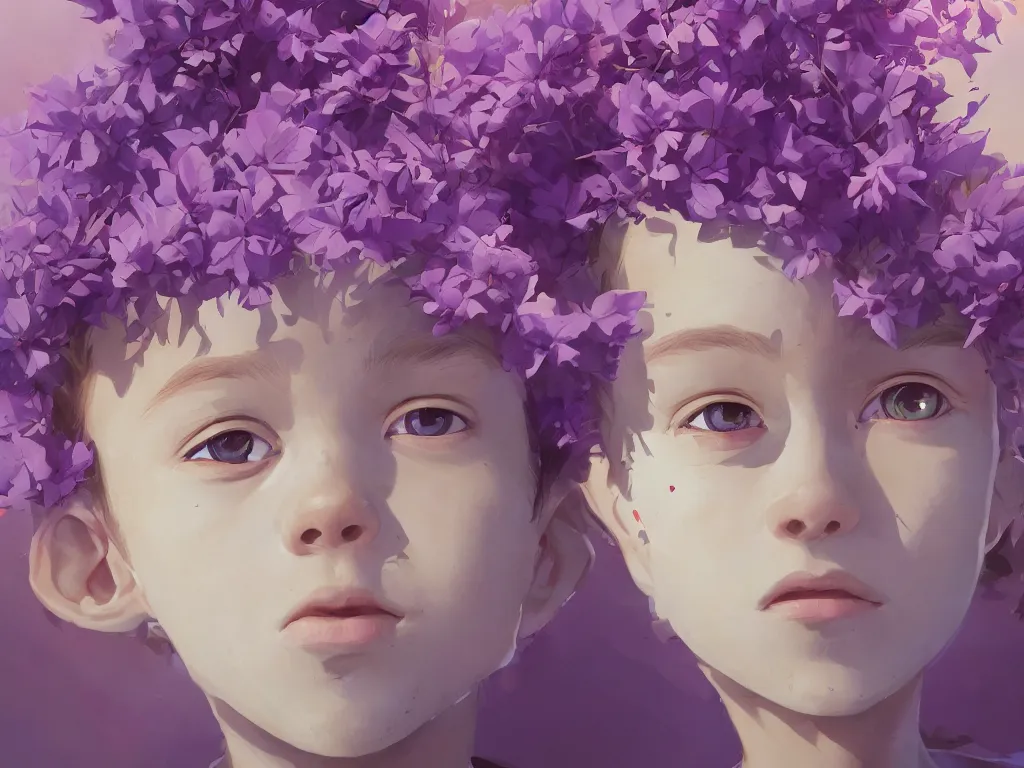 Image similar to kid with symmetrical beauty face, purple flowers of marijuana hemp cannabis, behance hd, by jesper ejsing, by rhads, makoto shinkai, lois van baarle, ilya kuvshinov, rossdraws global illumination, golden ratio