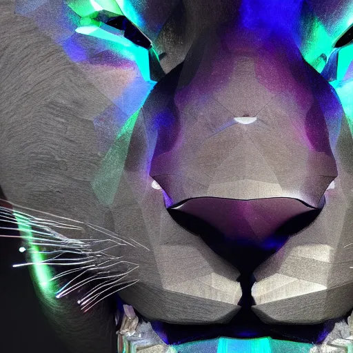 Image similar to face of multifaceted swarovski panther render, rainbow refraction, polished, highly reflective, porcelain, opal, quartz, diamond volumetric lighting, octane render, 8 k, photorealistic, ultra realistic