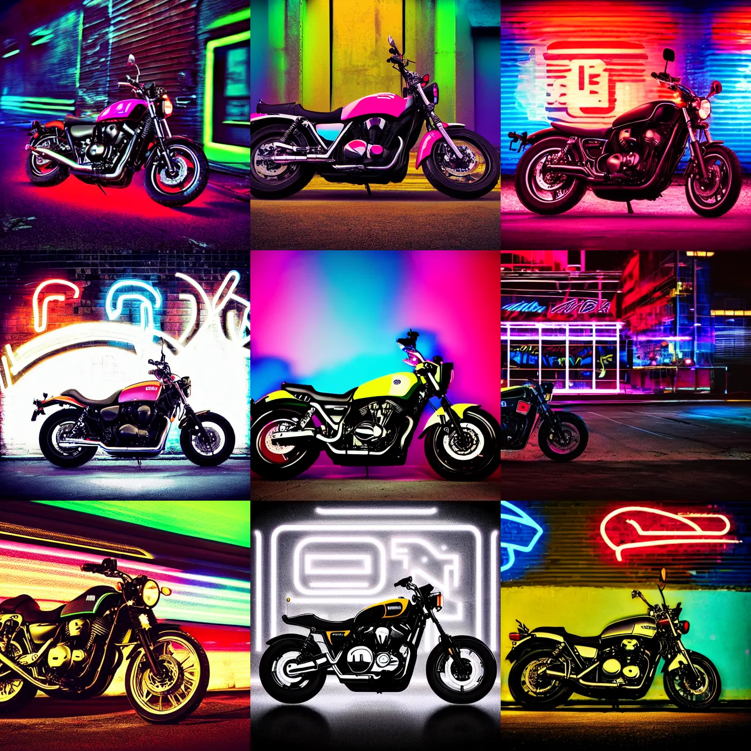 Prompt: grainy album cover of a Yamaha XV950/R in front of a neon glowing graffity at night, dual tone lighting, bright headlights, chromatic aberration, atmospheric