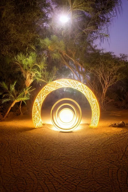 Prompt: a luminous circular stargate in the desert through which a jungle is visible