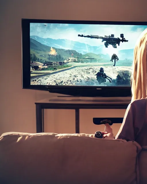 Image similar to view from behind of a cute beautiful blonde woman playing game, holding controller, watching television displaying call of duty, intricate detail, cinematic composition