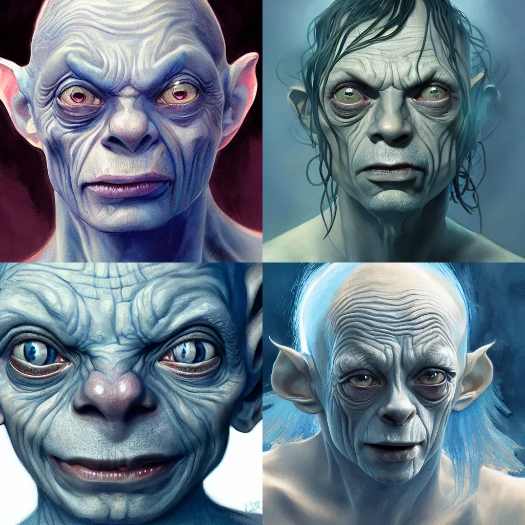 Prompt: gollum from lord of the rings, digital portrait, high quality brushstrokes and ethereal lighting, artist render, deep blue and grey tones, alphonse mucha, diego fernandez, Janice Sung, artstation, deviantart, pixiv