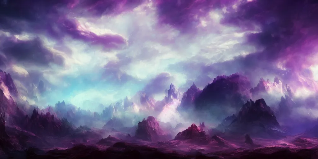 Prompt: a photo of white fur monster standing in a purple room, vivd color, detailed, cinematic landscape, atmospheric lightintg, colorfull sky, dynamic angle, good composition, fantasy world, upon the clouds, trending on artstation art by thomas moran