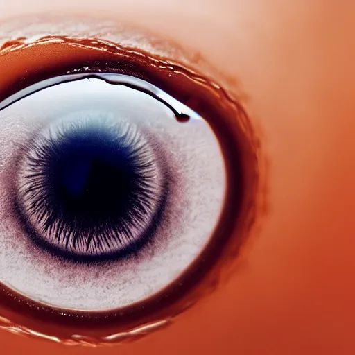 Prompt: eye reflected in large water droplet on wet human skin, closeup photo, hyper detailed, 4 k, 8 k, dark lighting, texture detail, moisture, sharpened