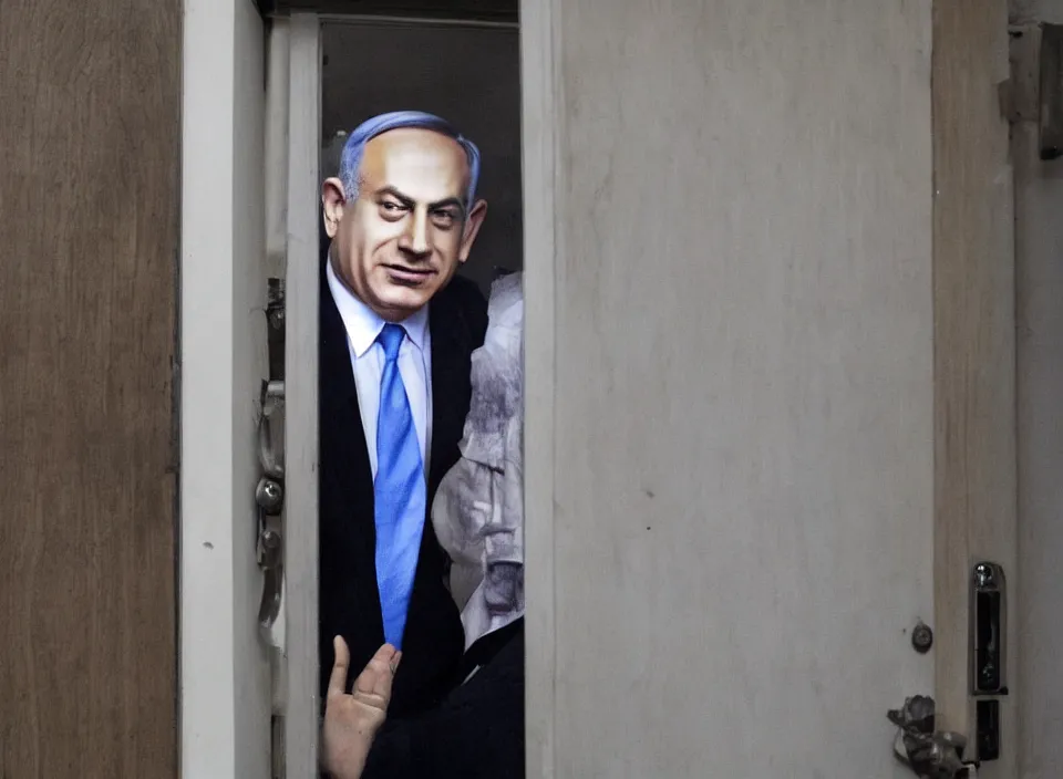 Prompt: a sinister photo on benjamin netanyahu crawling out of a door ominous atmosphere