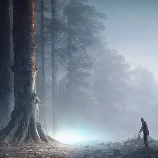 Image similar to a portrait of the last human on earth breathing the last tree thru oxygen tank, Matte painting , detailed painting, made by Greg Rutkowski, 4k resolution, atmospheric, breathtaking