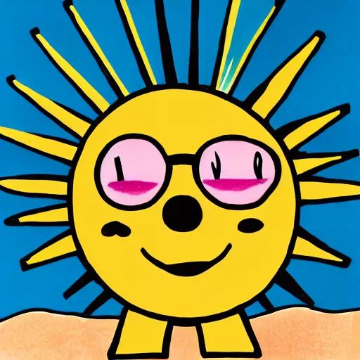 Prompt: drawing of a round smiling happy sun with sunglasses sipping a martini drink, sitting on a chair beach