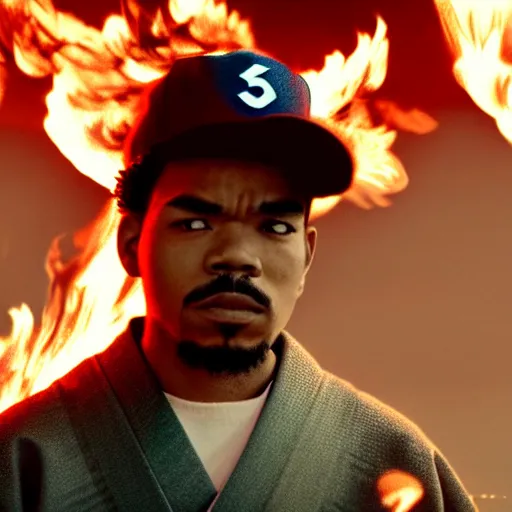 Image similar to cinematic film still of Chance The Rapper starring as a Samurai holding fire, Japanese CGI, VFX, 2022, 40mm lens, shallow depth of field, film photography